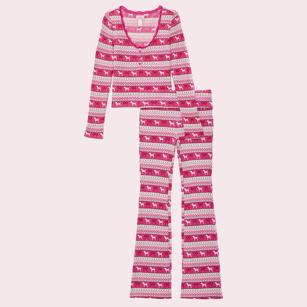 PINK x LoveShackFancy Waﬄe Long Pajama Set Peppermint Pink Fairisle size S NWT